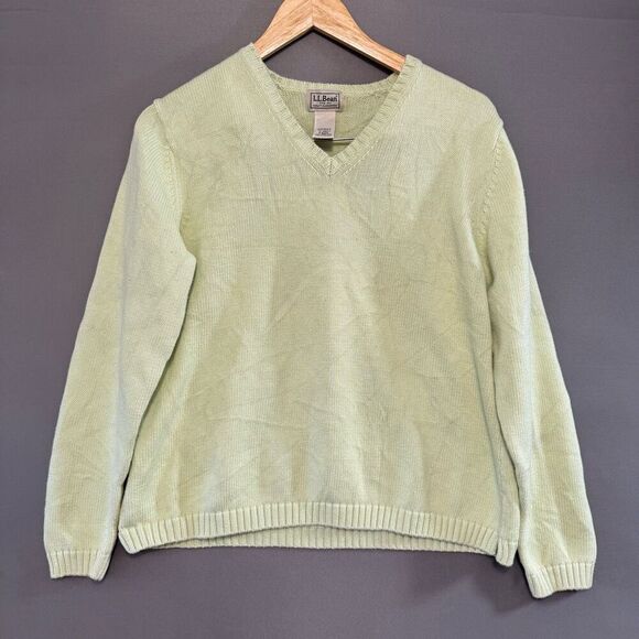 L.L.Bean Women’s 100% Cotton V-Neck Sweater Size Large Green Yellow Color - Picture 1 of 12